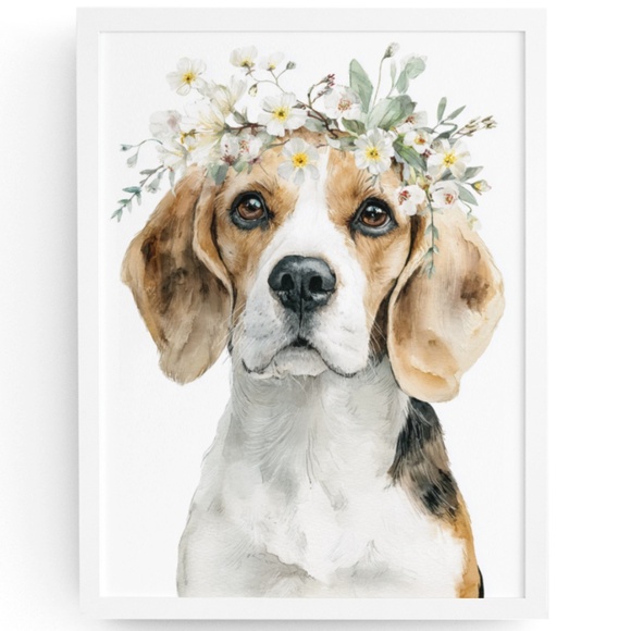 Watercolor Beagle Dog Wall Art Print – Floral Crown Dog Illustration | Unframed - Picture 1 of 5